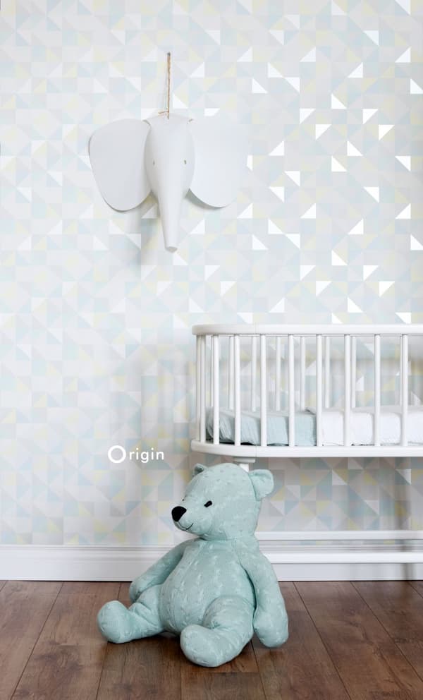 Origin Wallcoverings tapet trekanter mintgrønt, pastelgult, pastelblåt, varmt lysegråt og skinnende sølvgråt 53 cm x 10,05 m