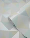 Miniatyrbillede 6 af 8: Origin Wallcoverings tapet trekanter mintgrønt, pastelgult, pastelblåt, varmt lysegråt og skinnende sølvgråt 53 cm x 10,05 m