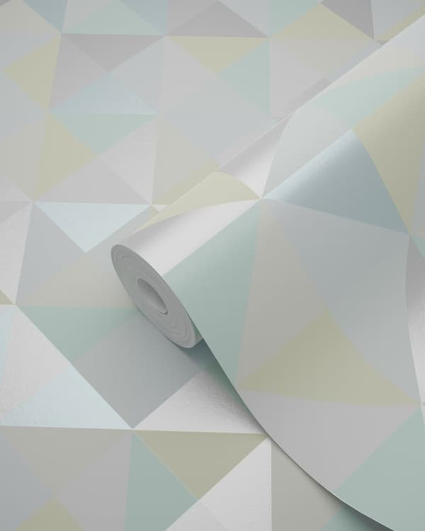 Origin Wallcoverings tapet trekanter mintgrønt, pastelgult, pastelblåt, varmt lysegråt og skinnende sølvgråt 53 cm x 10,05 m