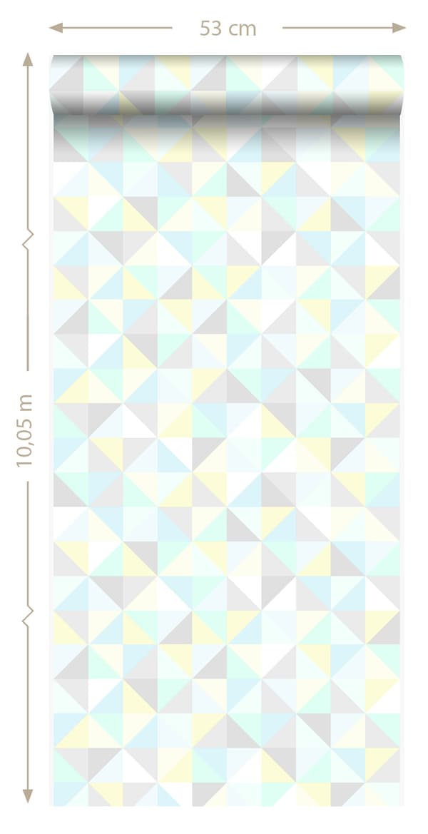 Origin Wallcoverings tapet trekanter mintgrønt, pastelgult, pastelblåt, varmt lysegråt og skinnende sølvgråt 53 cm x 10,05 m