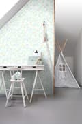 Miniatyrbillede 2 af 8: Origin Wallcoverings tapet trekanter mintgrønt, pastelgult, pastelblåt, varmt lysegråt og skinnende sølvgråt 53 cm x 10,05 m