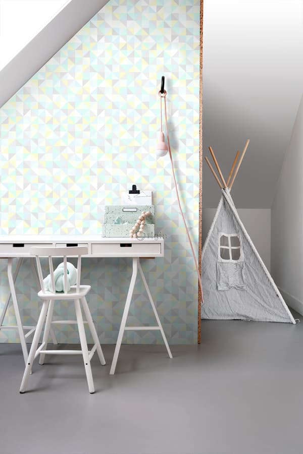 Origin Wallcoverings tapet trekanter mintgrønt, pastelgult, pastelblåt, varmt lysegråt og skinnende sølvgråt 53 cm x 10,05 m