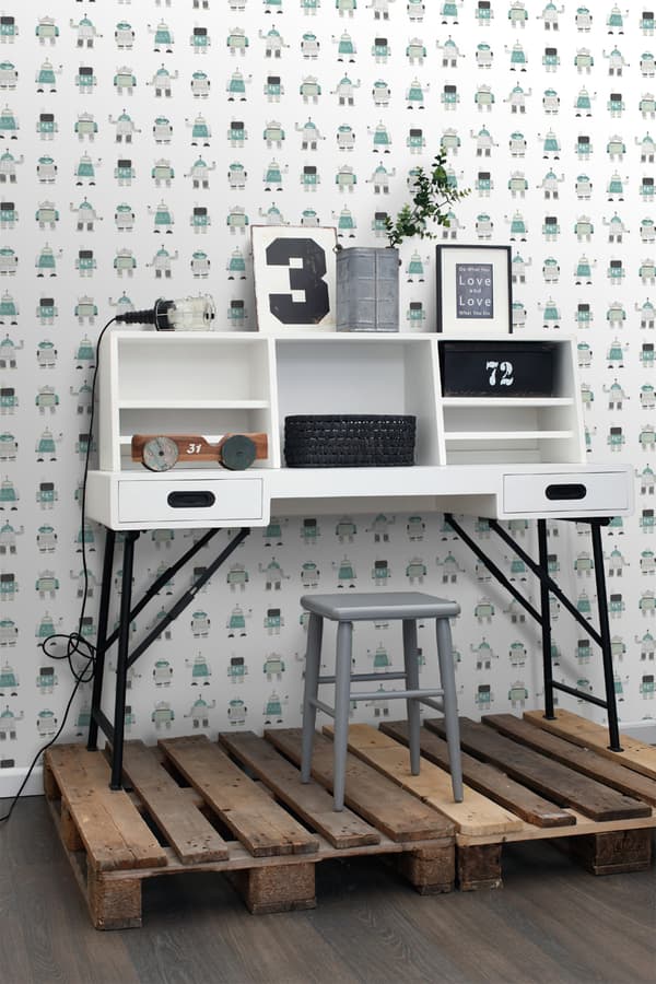 ESTAhome tapet tecknade vintage leksaksrobotar mintgrönt och blått 53 cm x 10,05 m