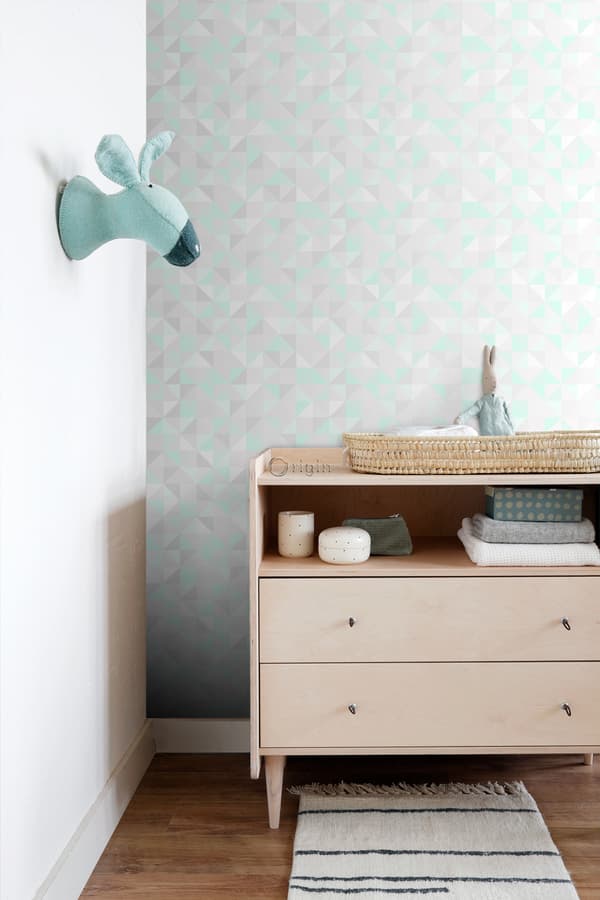Origin Wallcoverings tapet trianglar mintgrönt, varm ljusgrått, matt vitt och glänsande smaragdgrönt 53 cm x 10,05 m