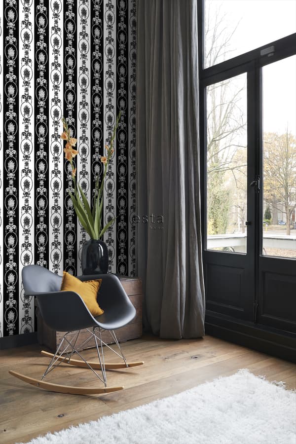 ESTAhome tapet barockmönster svart och vitt 53 cm x 10,05 m