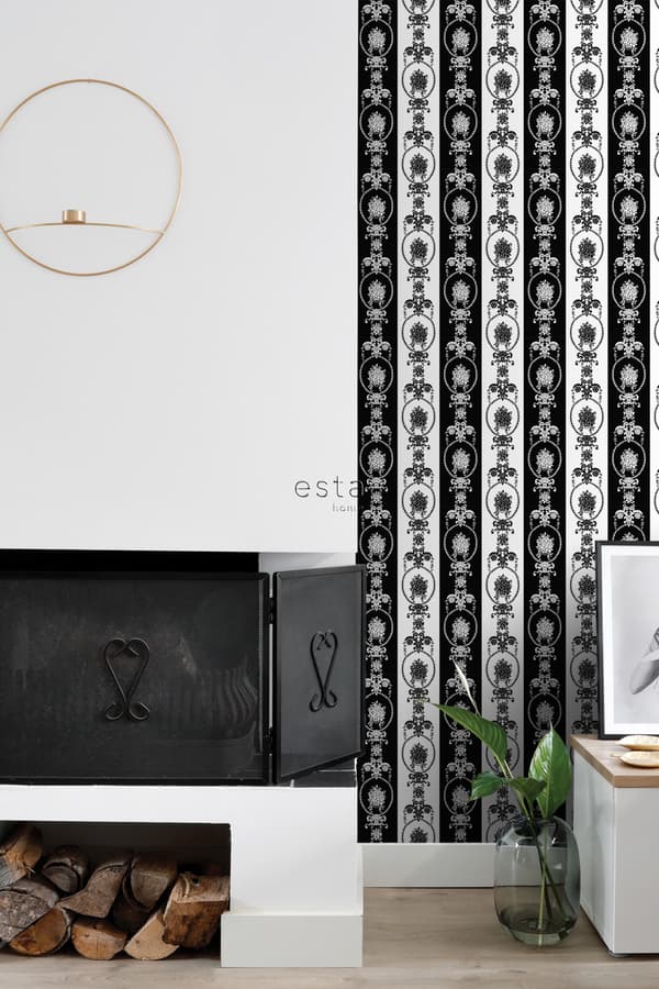 ESTAhome tapet barockmönster svart och vitt 53 cm x 10,05 m