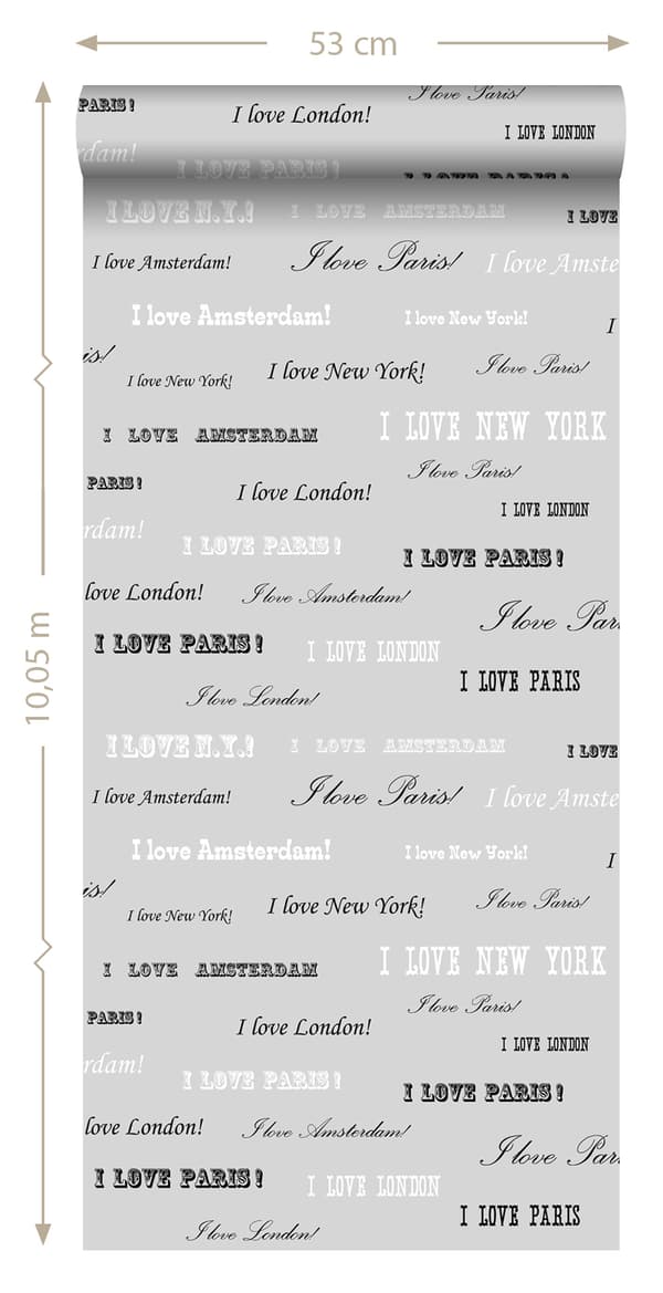 ESTAhome tapet I love Paris silver och svart 53 cm x 10,05 m