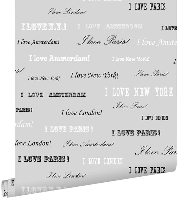 ESTAhome tapet I love Paris silver och svart 53 cm x 10,05 m