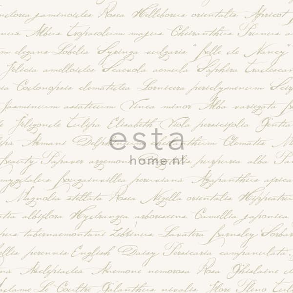 ESTAhome tapet handskrivna blomnamn på latin beige på vitt - 128032 - 53 cm x 10,05 m