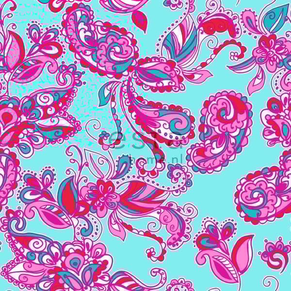 ESTAhome tapet funky blomster og paisleys turkis og lyserødt 53 cm x 10,05 m