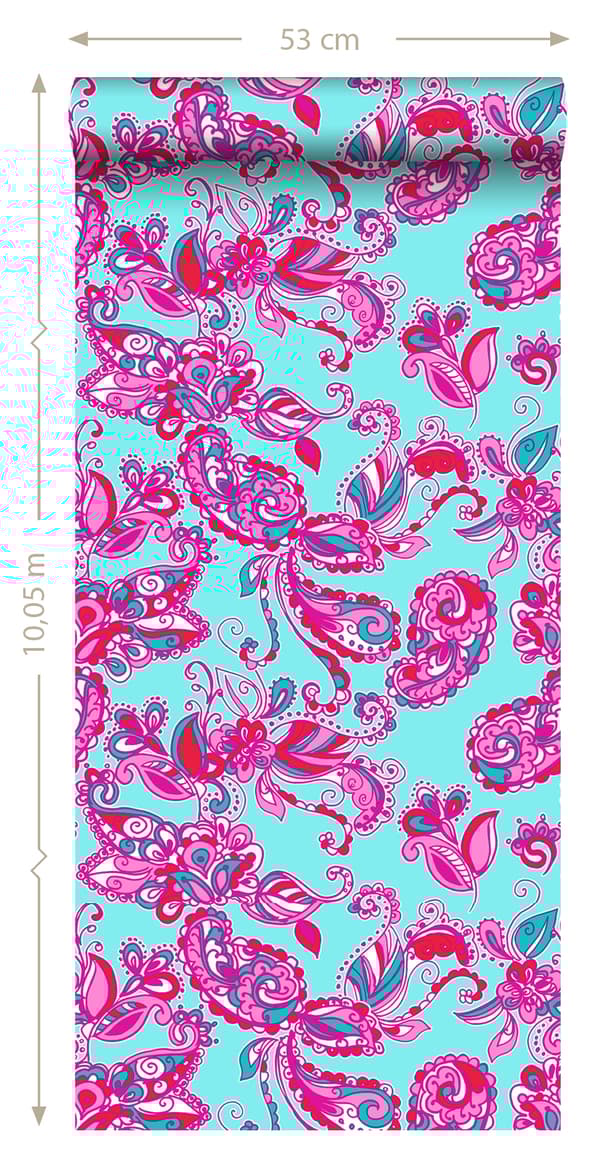 ESTAhome tapet funky blomster og paisleys turkis og lyserødt 53 cm x 10,05 m