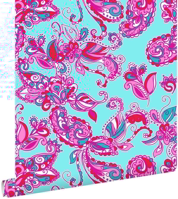 ESTAhome tapet funky blomster og paisleys turkis og lyserødt 53 cm x 10,05 m
