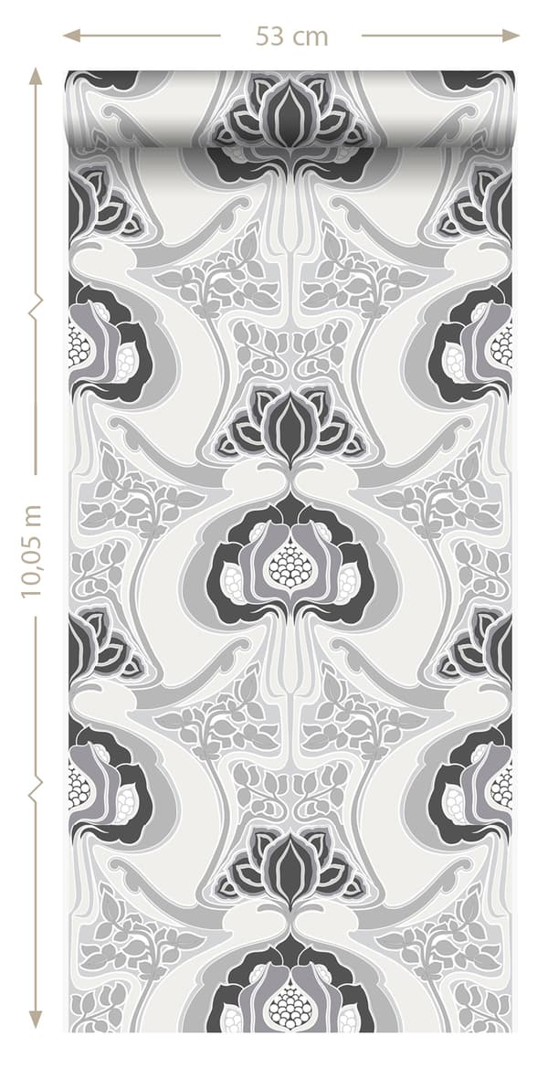 Origin Wallcoverings tapet Art Nouveau blommönster svart och grått 53 cm x 10,05 m