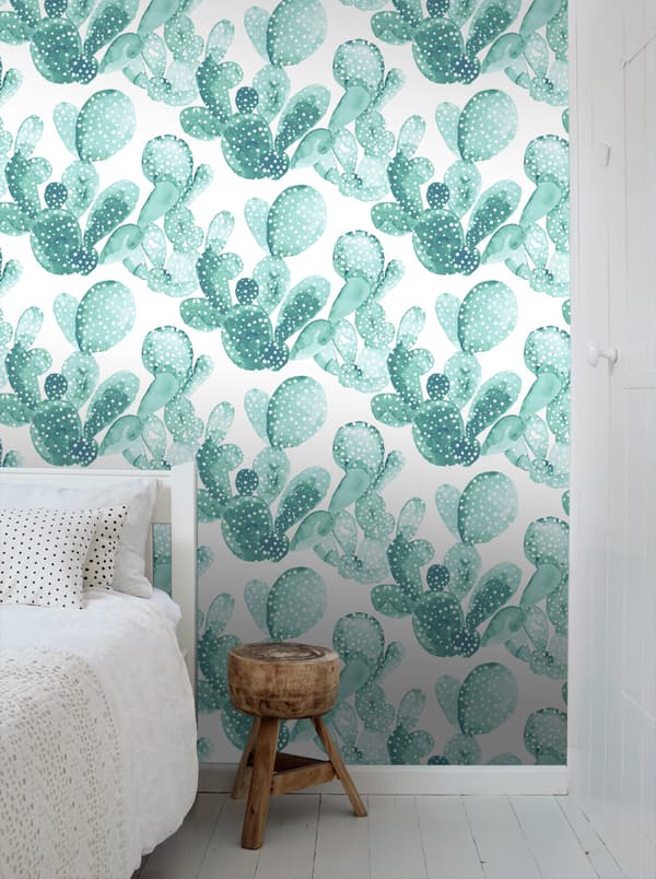 ESTAhome tapet akvarellmålade blommande kaktusar gråaktigt turkos - 138901 - 53 cm x 10,05 m