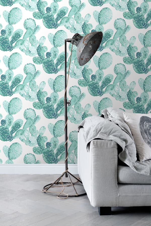 ESTAhome tapet akvarellmålade blommande kaktusar gråaktigt turkos - 138901 - 53 cm x 10,05 m