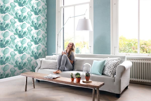 ESTAhome tapet akvarellmålade blommande kaktusar gråaktigt turkos - 138901 - 53 cm x 10,05 m