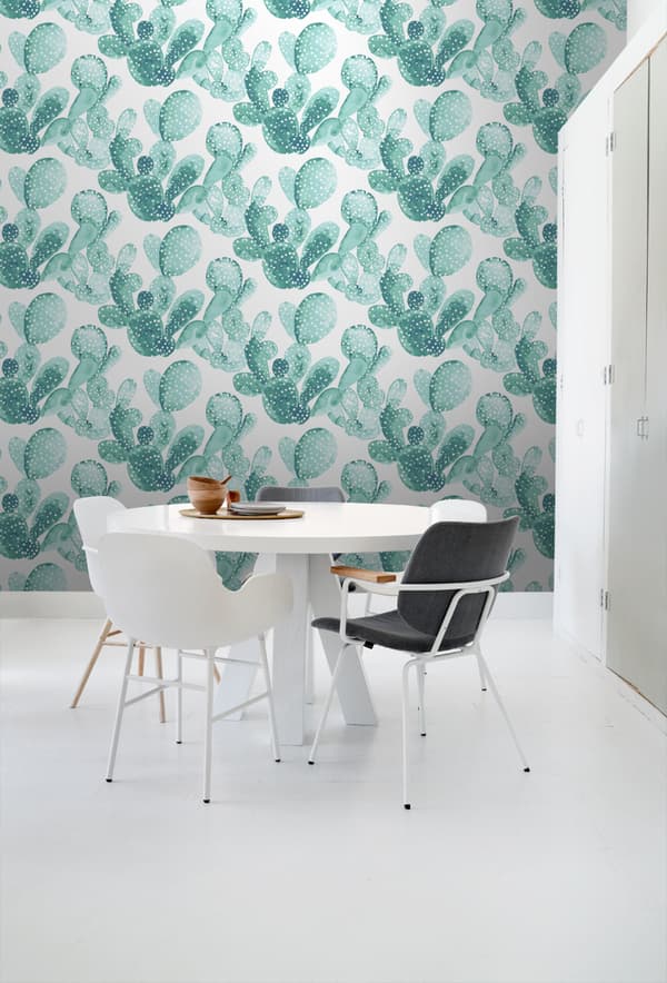 ESTAhome tapet akvarellmålade blommande kaktusar gråaktigt turkos - 138901 - 53 cm x 10,05 m