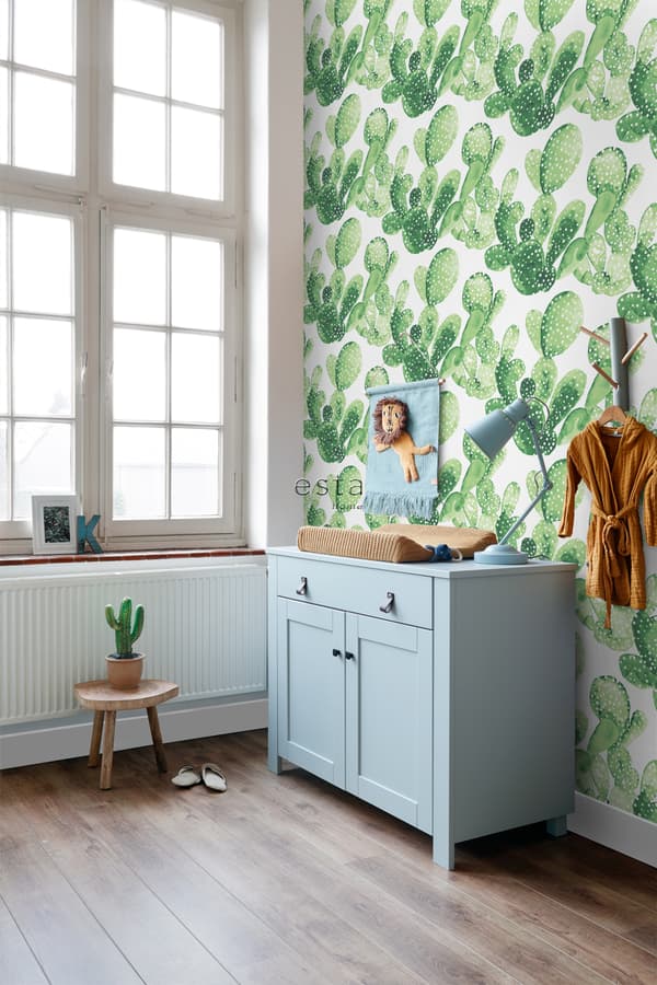 ESTAhome tapet akvarelmalede kaktusser tropisk junglegrønt - 138902 - 53 cm x 10,05 m