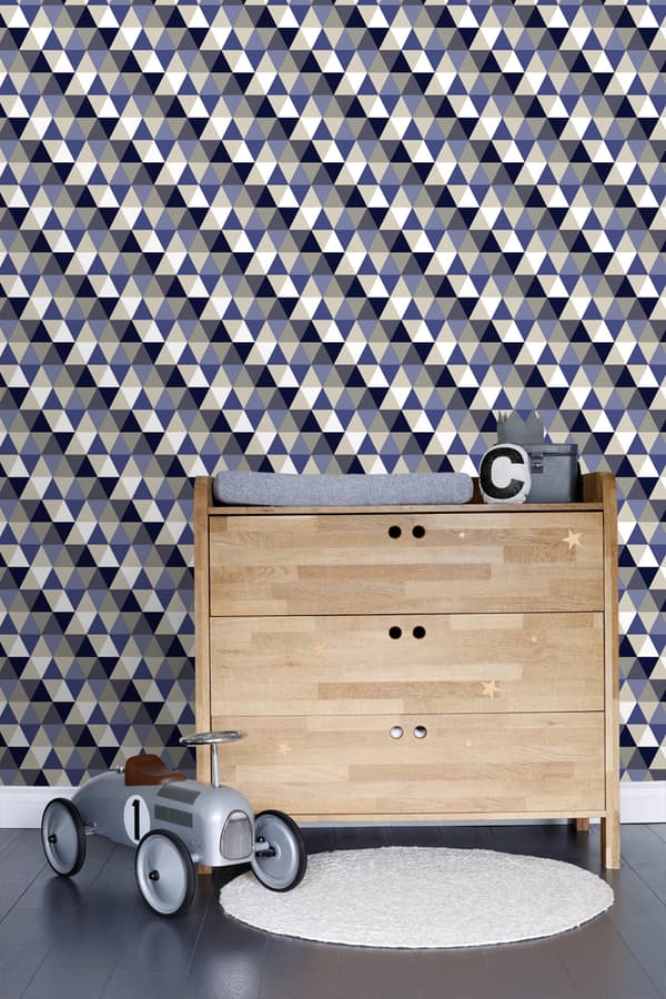ESTAhome tapet trianglar mörkblått, grått och beige - 138716 - 53 cm x 10,05 m