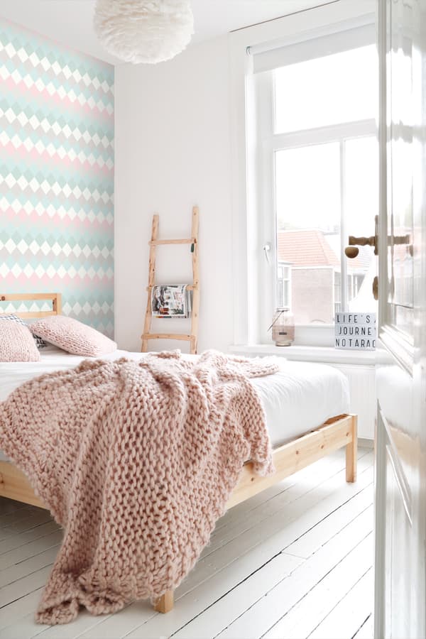 ESTAhome tapet rombemotiv med linnedstruktur mintgrønt, pudderrosa og varmt lysegråt - 148679 - 53 cm x 10,05 m