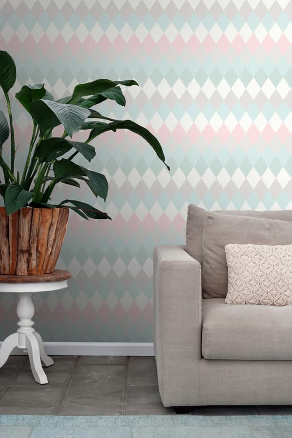 ESTAhome tapet rombemotiv med linnedstruktur mintgrønt, pudderrosa og varmt lysegråt - 148679 - 53 cm x 10,05 m