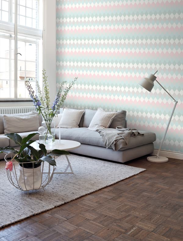 ESTAhome tapet rombemotiv med linnedstruktur mintgrønt, pudderrosa og varmt lysegråt - 148679 - 53 cm x 10,05 m