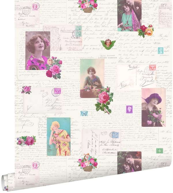 ESTAhome tapet vintage vykort rosa och turkost 53 cm x 10,05 m