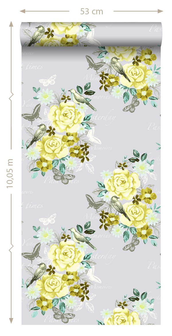 ESTAhome tapet blommor och fåglar gul 53 cm x 10,05 m