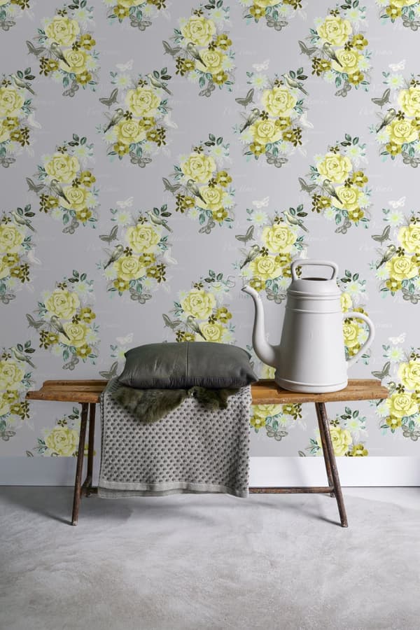 ESTAhome tapet blommor och fåglar gul 53 cm x 10,05 m