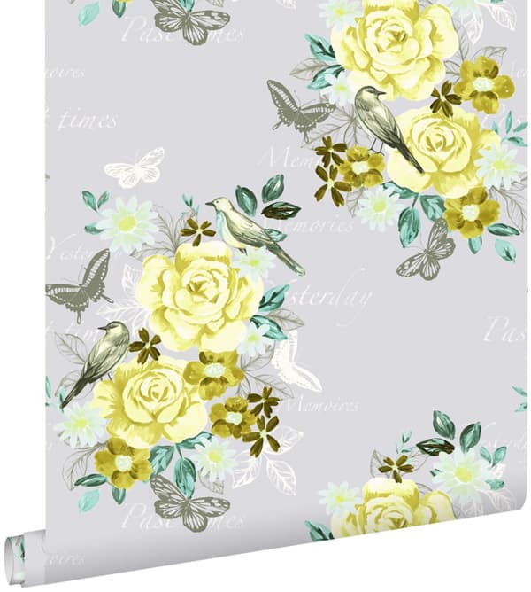 ESTAhome tapet blommor och fåglar gul 53 cm x 10,05 m