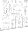 Miniatyrbild 1 av 8: ESTAhome tapet konstruktionsritningar av flygplan vitt 53 cm x 10,05 m