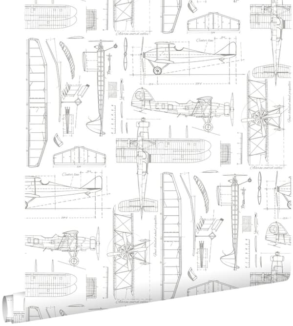 ESTAhome tapet konstruktionsritningar av flygplan vitt 53 cm x 10,05 m