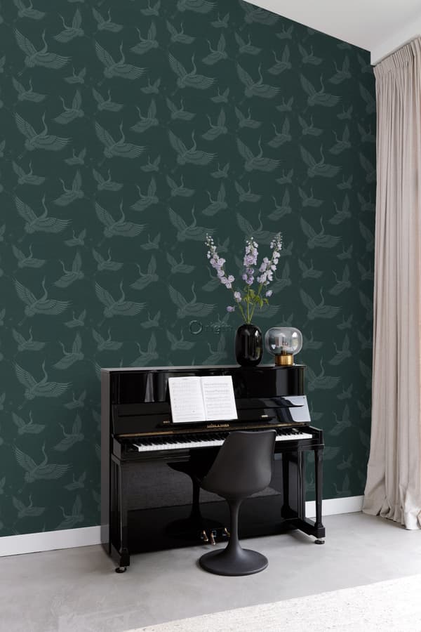 Origin Wallcoverings tapet kranfugle benzinblåt 0,53 x 10,05 m