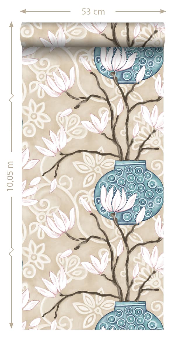 Origin Wallcoverings tapet magnolia beige og turkis 53 cm x 10,05 m