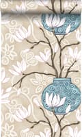 Miniatyrbillede 1 af 8: Origin Wallcoverings tapet magnolia beige og turkis 53 cm x 10,05 m