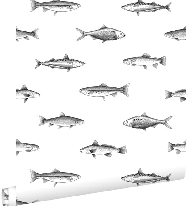 ESTAhome tapet tegnet fisk hvidt og sort 0,53 x 10,05 m