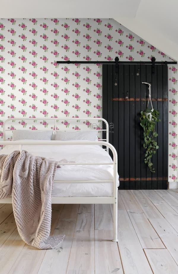 ESTAhome tapet små broderade rosor rosa och grönt 53 cm x 10,05 m