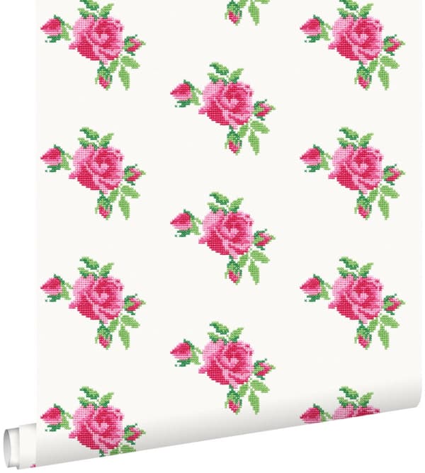 ESTAhome tapet små broderade rosor rosa och grönt 53 cm x 10,05 m