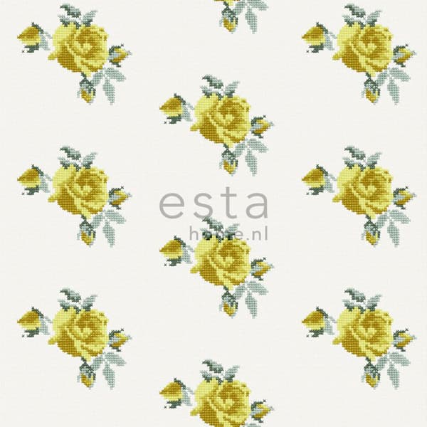 ESTAhome tapet små broderade rosor gul 53 cm x 10,05 m