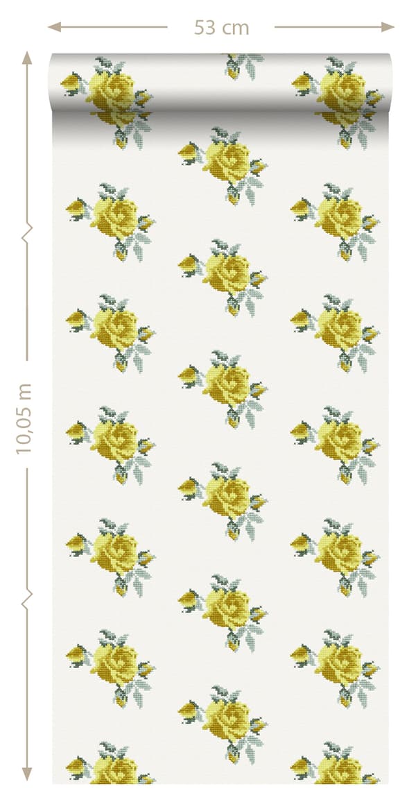 ESTAhome tapet små broderade rosor gul 53 cm x 10,05 m
