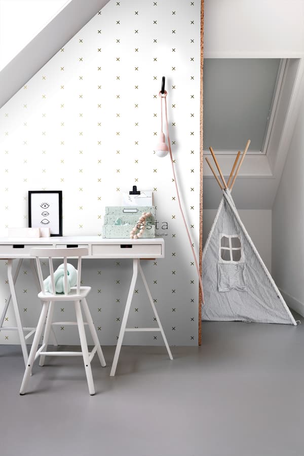ESTAhome tapet grafisk motiv hvidt og guld 0,53 x 10,05 m