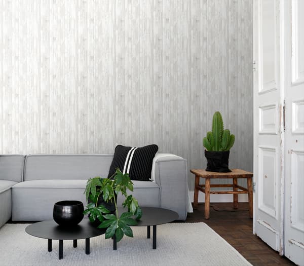 ESTAhome tapet vintage træplanker af genbrugt træ varmt lysegråt og mathvidt 53 cm x 10,05 m