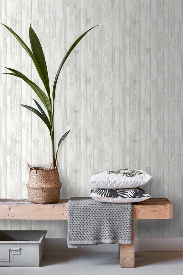 ESTAhome tapet vintage træplanker af genbrugt træ varmt lysegråt og mathvidt 53 cm x 10,05 m