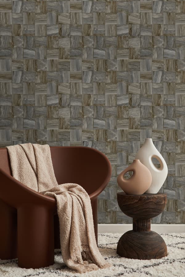 Origin Wallcoverings tapet firkantede stykker af træstumper mørkebrunt 53 cm x 10,05 m