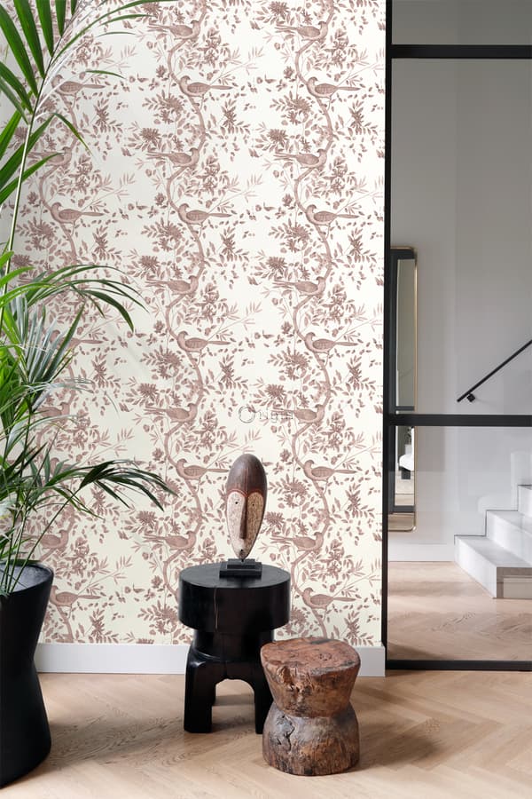 Origin Wallcoverings tapet fågelgravyr benvitt och glänsande kopparbrunt 53 cm x 10,05 m