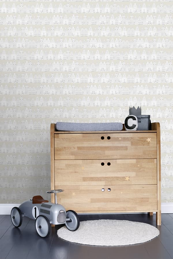 ESTAhome tapet tegnede kanalhuse i Amsterdam lysegråt 53 cm x 10,05 m