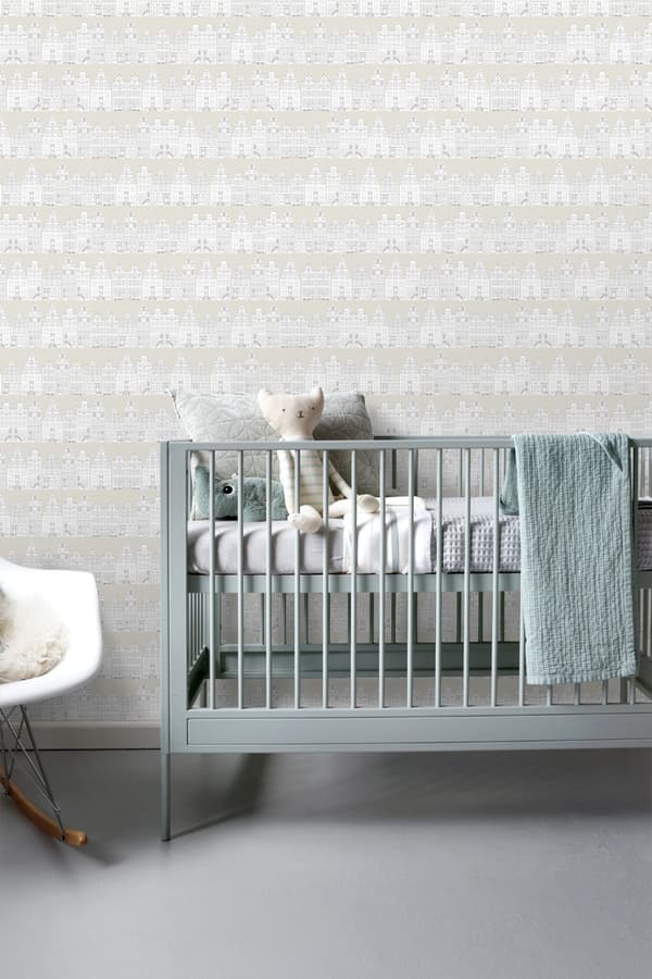 ESTAhome tapet tegnede kanalhuse i Amsterdam lysegråt 53 cm x 10,05 m