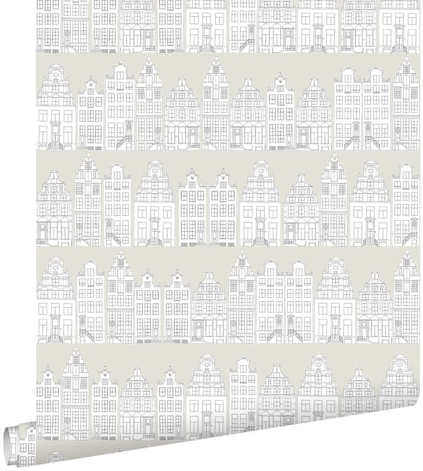ESTAhome tapet tegnede kanalhuse i Amsterdam lysegråt 53 cm x 10,05 m