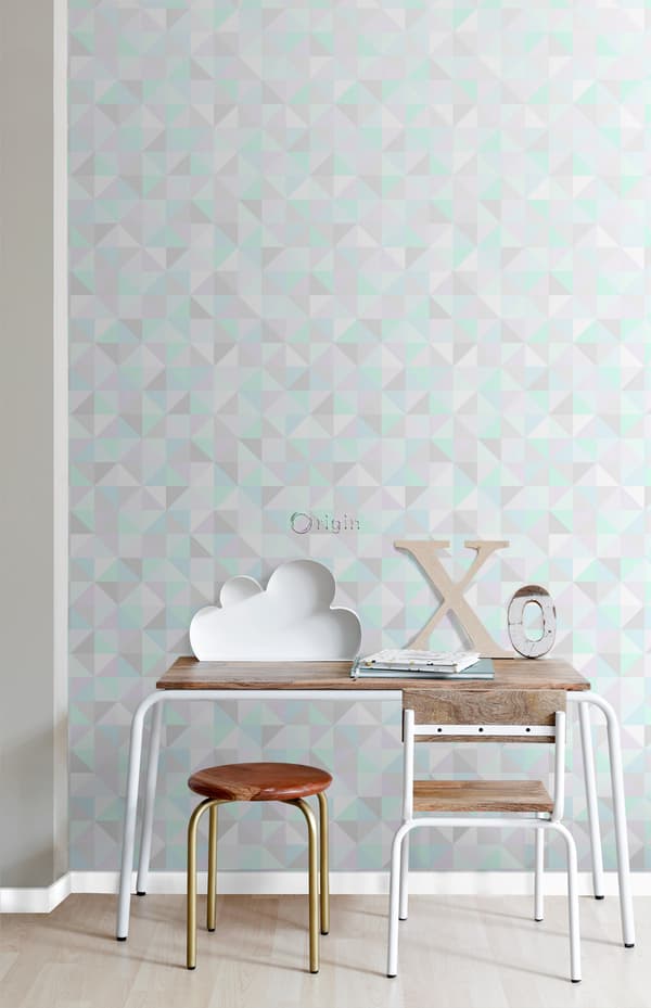 Origin Wallcoverings tapet trekanter pastellilla, mintgrønt, skinnende sølvgråt og pastelblåt 53 cm x 10,05 m