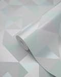 Miniatyrbillede 7 af 8: Origin Wallcoverings tapet trekanter pastellilla, mintgrønt, skinnende sølvgråt og pastelblåt 53 cm x 10,05 m